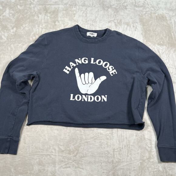 YMC Tops - YMC Hang Loose London Print Cropped Sweatshirt Navy Blue Women’s Size Large